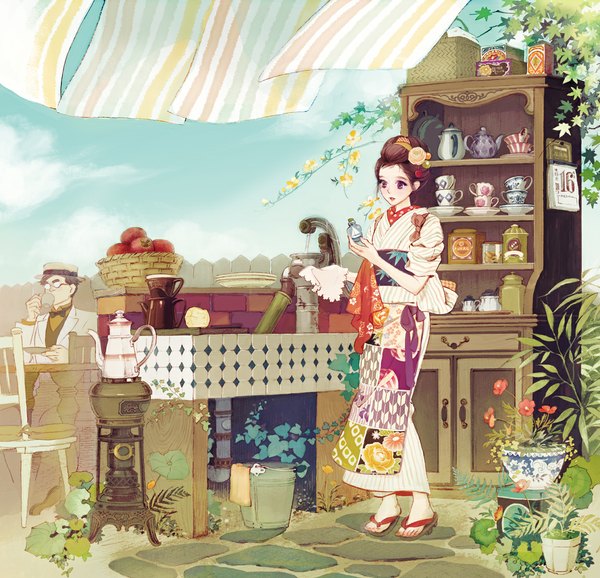 Anime picture 1152x1110 with original matsuo hiromi blush short hair open mouth brown hair sky traditional clothes japanese clothes girl boy flower (flowers) plant (plants) hat glasses food fruit cup apple tea