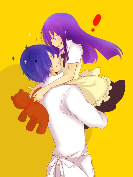 Anime picture 1050x1400 with working!! a-1 pictures yamada aoi souma hiroomi daisy (working!!) long hair tall image blush short hair open mouth smile purple eyes blue hair purple hair couple hug yellow background waitress girl boy