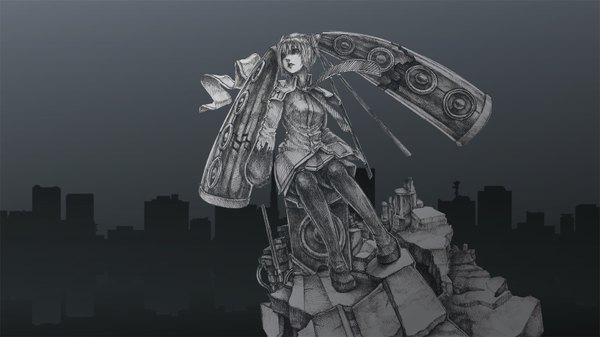 Anime picture 1600x900 with vocaloid hatsune miku single long hair wide image sitting twintails looking away monochrome dark background landscape ruins girl skirt miniskirt necktie speakers