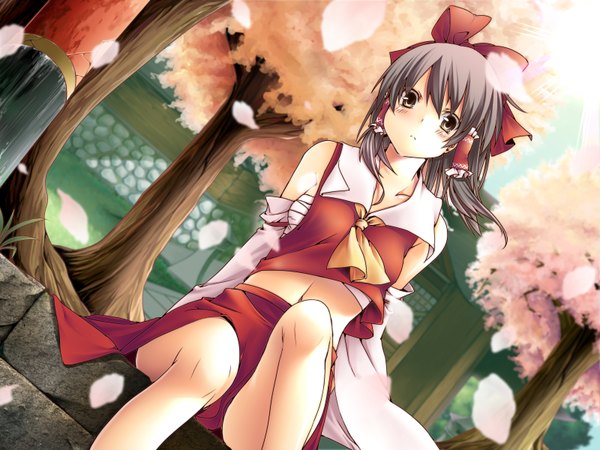 Anime picture 1600x1200 with touhou hakurei reimu yana mori single short hair black hair brown eyes cherry blossoms girl skirt bow plant (plants) hair bow detached sleeves petals tree (trees) skirt set