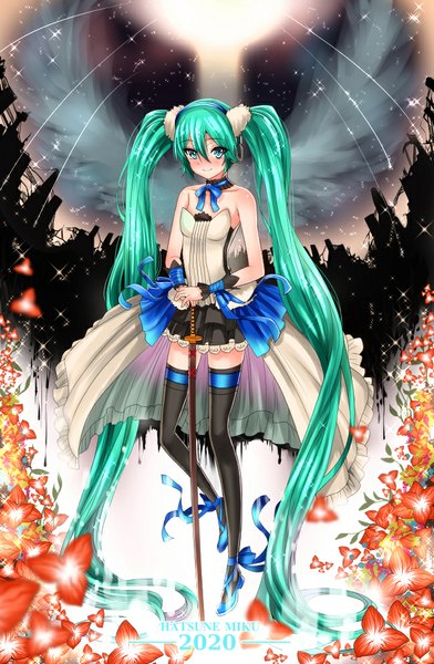 Anime picture 650x995 with vocaloid hatsune miku inu (marukome) single tall image looking at viewer blush fringe blue eyes standing twintails bare shoulders very long hair green hair girl thighhighs dress weapon black thighhighs sword