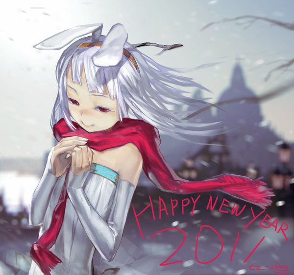 Anime picture 3738x3508 with el-zheng single long hair highres smile red eyes bare shoulders absurdres silver hair wind bunny ears snowing winter snow new year silhouette happy new year 2011 girl detached sleeves