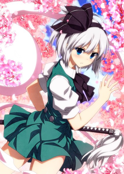 Anime picture 1200x1679 with touhou konpaku youmu myon sazanami mio single tall image blush short hair blue eyes looking away silver hair cherry blossoms fighting stance ghost spring girl dress skirt flower (flowers) weapon