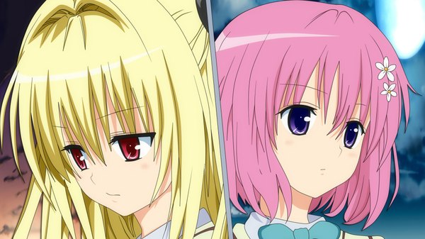 Anime picture 1920x1080 with toloveru toloveru darkness xebec konjiki no yami momo velia deviluke long hair highres short hair blonde hair red eyes wide image purple eyes multiple girls pink hair hair flower girl hair ornament 2 girls