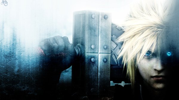 イラスト 1366x768 と ファイナルファンタジーVII アドベントチルドレン final fantasy vii クライシス コア -ファイナルファンタジーvii クラウド・ストライフ 短い髪 青い目 金髪 wide image white hair 男性 武器 剣