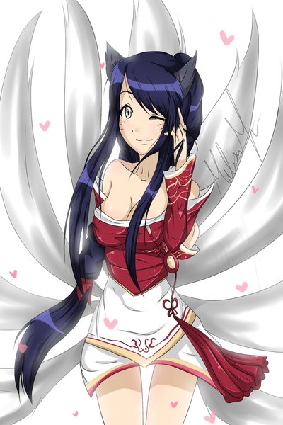 Anime picture 1000x1500 with league of legends ahri (league of legends) cuteaiko0 single long hair tall image blush smile white background animal ears blue hair one eye closed wink grey eyes facial mark multiple tails whisker markings girl
