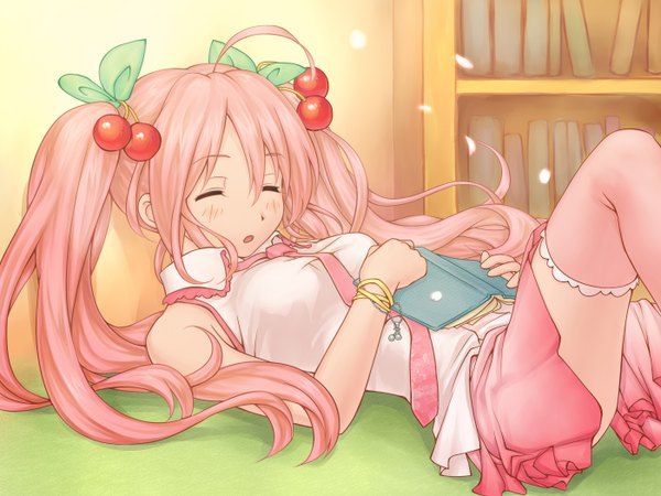 Anime picture 1400x1050 with vocaloid hatsune miku sakura miku yuuno (hack y) long hair twintails pink hair ahoge lying eyes closed sleeping girl thighhighs food book (books) vest berry (berries) cherry