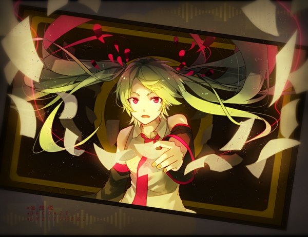 Anime picture 1061x818 with vocaloid mousou zei (vocaloid) hatsune miku p.rupon single long hair looking at viewer fringe open mouth red eyes twintails fingernails aqua hair girl ribbon (ribbons) hair ribbon detached sleeves shirt necktie paper