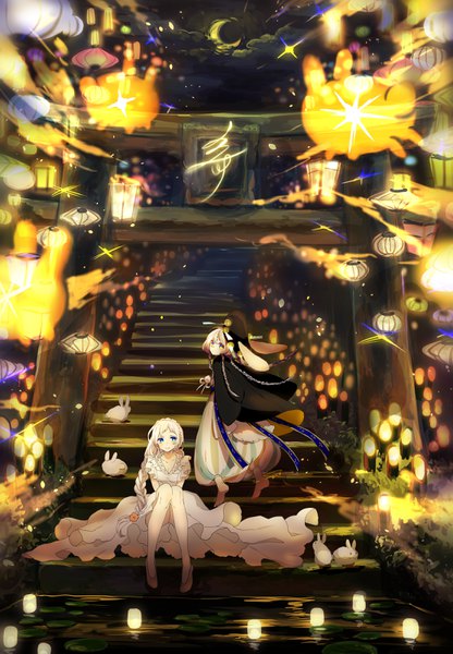Anime picture 2224x3204 with original canarinu kmes long hair tall image looking at viewer blush highres blue eyes blonde hair sitting purple eyes animal ears looking away silver hair cloud (clouds) tail braid (braids) animal tail looking back light smile