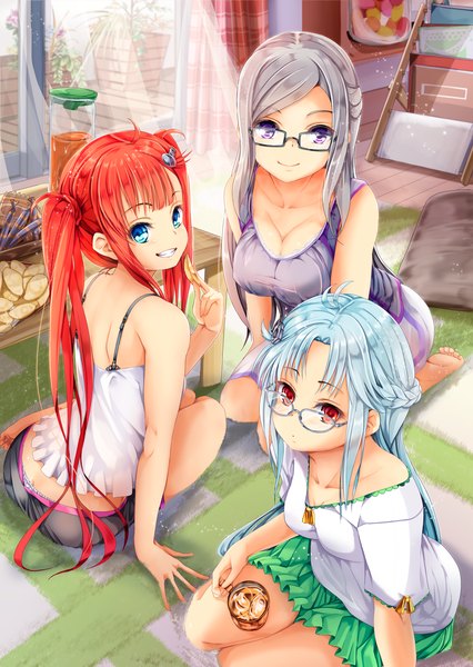 Anime picture 950x1337 with hinabita shinonome cocona shinonome natsuhi hopper long hair tall image blue eyes light erotic smile red eyes twintails purple eyes multiple girls blue hair red hair grey hair girl glasses 3 girls