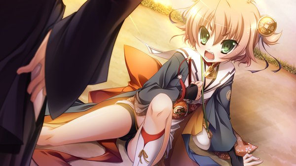 Anime picture 1280x720 with appare! tenka gomen katagiri hinata short hair open mouth brown hair wide image green eyes game cg traditional clothes loli girl hair ornament