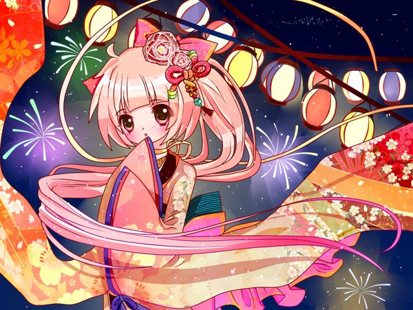 Anime picture 1600x1200 with vocaloid nekomura iroha single long hair blush highres open mouth smile twintails yellow eyes pink hair traditional clothes japanese clothes girl kimono
