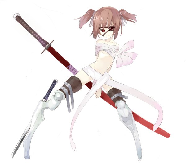 Anime picture 1400x1250 with original mazonano (artist) single looking at viewer short hair light erotic simple background red eyes brown hair white background twintails short twintails hands behind back naked ribbon girl weapon sword katana eyepatch huge weapon
