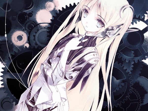 Anime picture 1067x800 with original sumi keiichi single long hair looking at viewer blonde hair twintails from above grey eyes girl gloves elbow gloves white gloves gears