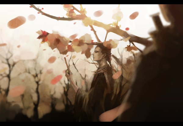 Anime picture 1280x885 with daomu (grave robbery note) kiyoshi shin single long hair brown hair profile bare tree boy plant (plants) petals tree (trees) branch