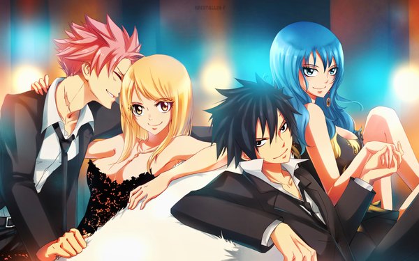 Anime picture 1900x1188 with fairy tail lucy heartfilia natsu dragneel gray fullbuster juvia lockser kristallin-f (artist) highres blue eyes smile wide image bare shoulders multiple girls brown eyes eyes closed black eyes multiple boys holding hands scar girl dress