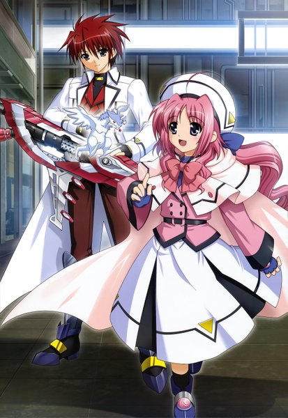 Anime picture 4082x5926 with mahou shoujo lyrical nanoha caro ru lushe erio mondial higa yukari long hair tall image highres short hair blue eyes pink hair absurdres red hair loli couple girl boy animal