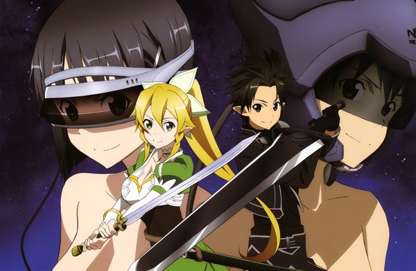 Anime picture 4072x2666 with sword art online a-1 pictures kirigaya kazuto kirigaya suguha leafa watanabe ruriko long hair looking at viewer highres short hair light erotic black hair blonde hair smile green eyes absurdres ponytail pointy ears black eyes official art