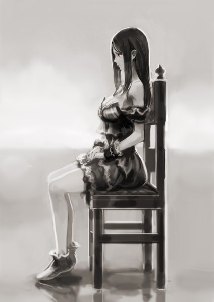 Anime picture 2480x3508 with original okuto single long hair tall image fringe highres breasts large breasts sitting bare shoulders payot cleavage profile grey background short sleeves reflection arched back hands clasped underbust