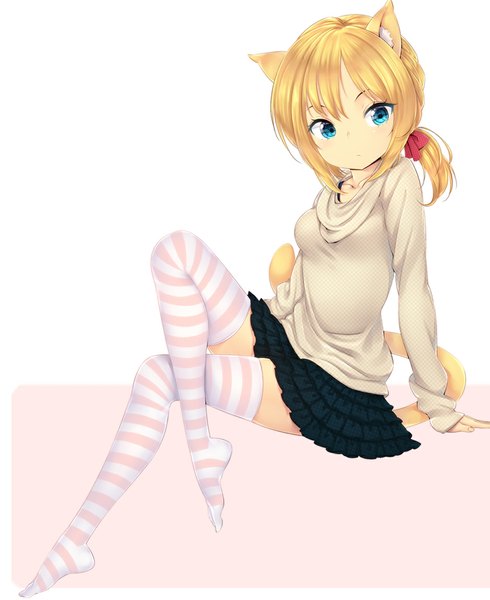 Anime picture 940x1150 with original zizi (zz22) single long hair tall image looking at viewer blue eyes blonde hair sitting animal ears tail animal tail cat ears cat tail no shoes zettai ryouiki frilly skirt girl thighhighs skirt
