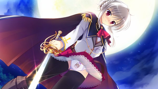 Anime picture 1024x576 with himegoto masquerade mikeou blush short hair light erotic red eyes wide image game cg white hair skirt lift girl thighhighs skirt uniform underwear panties weapon black thighhighs school uniform miniskirt