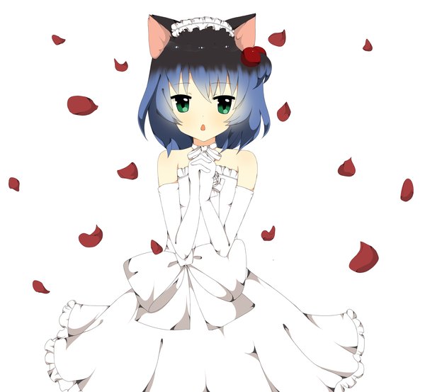 Anime picture 1800x1661 with utau ryone yami saru to yami single looking at viewer highres short hair white background bare shoulders green eyes animal ears blue hair cat ears cat girl girl dress gloves petals elbow gloves