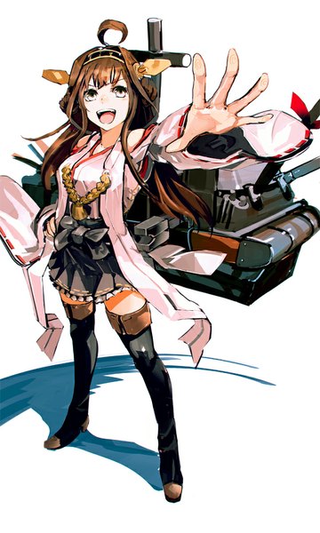 Anime picture 600x1000 with kantai collection kongou battleship so-bin long hair tall image fringe open mouth brown hair ahoge traditional clothes japanese clothes grey eyes hand on hip outstretched arm nontraditional miko girl skirt bow miniskirt hairband