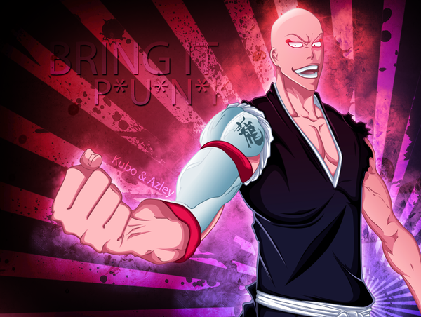 Anime picture 1100x830 with bleach studio pierrot madarame ikkaku azley single open mouth smile japanese clothes pink eyes inscription coloring torn clothes muscle bald boy belt kimono