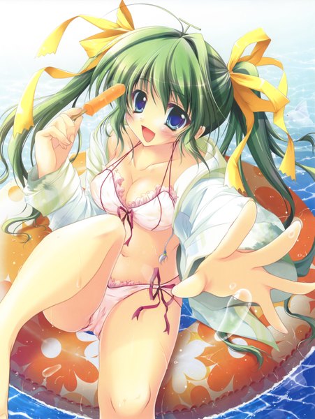 Anime picture 2355x3131 with izumi tsubasu long hair tall image blush highres open mouth blue eyes light erotic twintails green hair girl ribbon (ribbons) swimsuit hair ribbon bikini water food sweets white bikini ice cream