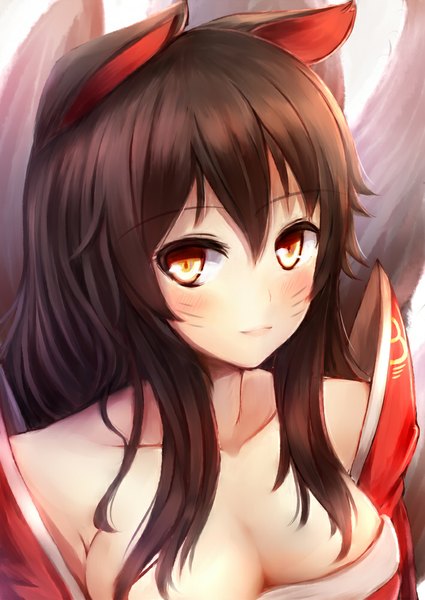 Anime picture 709x1001 with league of legends ahri (league of legends) kero (tomoki-tiger) single long hair tall image looking at viewer blush fringe breasts light erotic brown hair large breasts bare shoulders cleavage traditional clothes from above no bra orange eyes facial mark