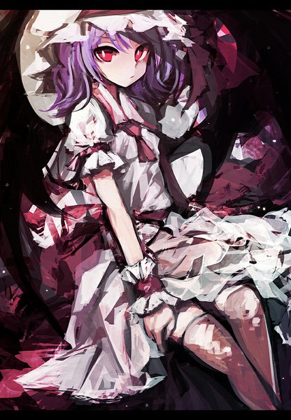 Anime picture 694x1000 with touhou remilia scarlet zen33n single tall image short hair red eyes sitting looking away purple hair girl dress wings bonnet