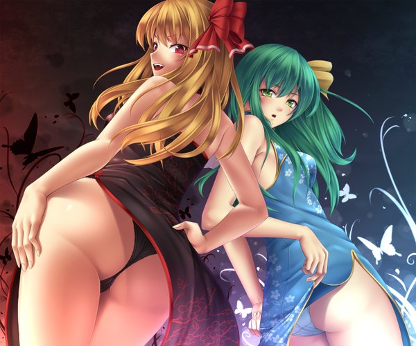 Anime picture 1440x1200 with touhou rumia daiyousei mochi.f long hair looking at viewer open mouth light erotic blonde hair red eyes multiple girls green eyes looking back green hair teeth fang (fangs) chinese clothes girl underwear panties