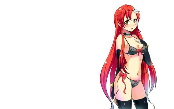 Anime picture 1920x1200 with tengen toppa gurren lagann gainax yoko littner nishigori atsushi single long hair looking at viewer blush fringe highres breasts light erotic simple background white background yellow eyes red hair parted lips bare belly alternate costume wallpaper
