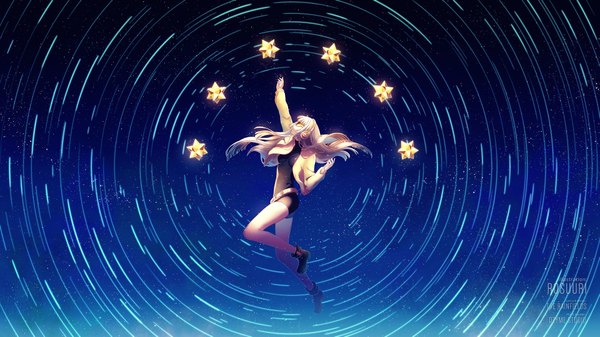 Anime picture 1920x1080 with vocaloid lovely star cyber diva rosuuri single long hair fringe highres breasts blonde hair wide image sky bent knee (knees) profile outstretched arm girl belt headphones star (stars) bodysuit