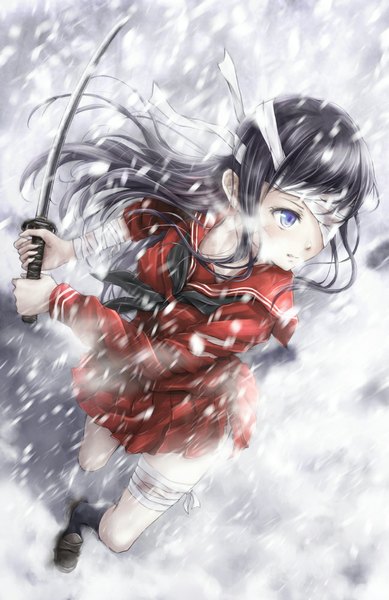 Anime picture 649x1000 with original nuwanko single long hair tall image fringe open mouth blue eyes black hair looking away from above wind snowing snow girl skirt uniform weapon sword socks