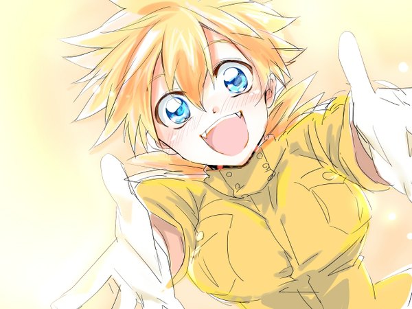 Anime picture 1280x960 with hellsing seras victoria single long hair looking at viewer blush open mouth blue eyes simple background blonde hair teeth fang (fangs) spread arms sharp teeth girl uniform