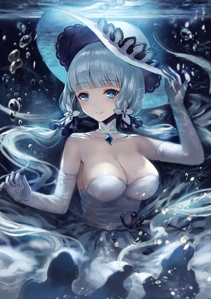 Anime picture 1061x1500 with azur lane illustrious (azur lane) terai (teraimorimori) single long hair tall image blush fringe breasts blue eyes light erotic smile large breasts twintails looking away cleavage silver hair upper body blunt bangs low twintails