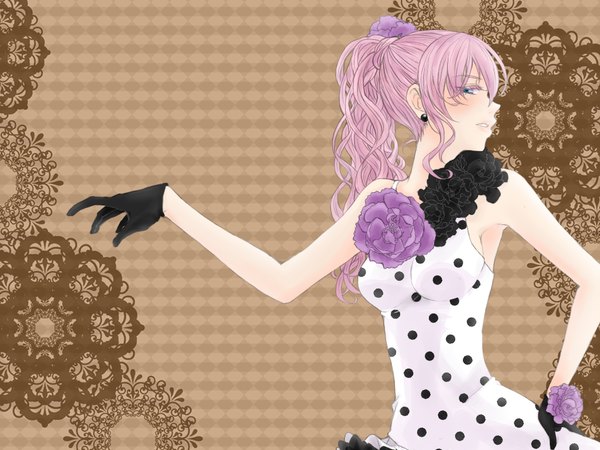 Anime picture 1024x768 with vocaloid megurine luka single long hair blue eyes pink hair girl dress gloves earrings