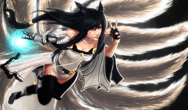 Anime picture 1765x1042 with league of legends ahri (league of legends) edward montenegro single long hair highres black hair wide image brown eyes animal ears light smile piercing facial mark fox tail multiple tails whisker markings girl thighhighs gloves black thighhighs