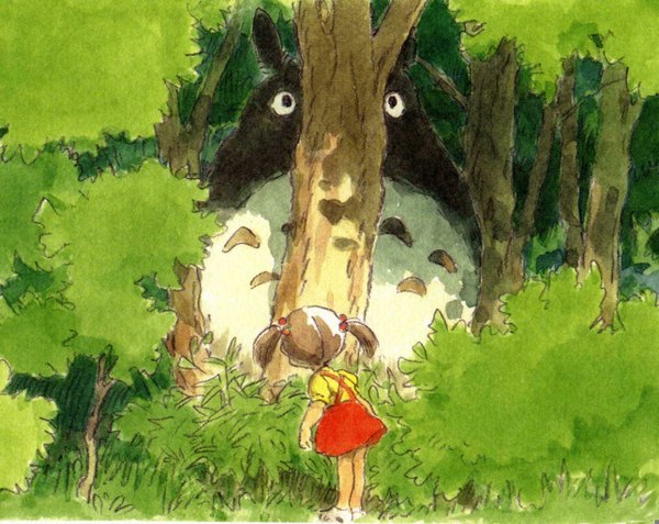 Anime picture 1288x1024 with tonari no totoro studio ghibli real life totoro kusakabe mei miyazaki hayao (artist) short hair twintails from behind official art leaning leaning forward short twintails traditional media watercolor (medium) girl dress skirt hair ornament plant (plants)