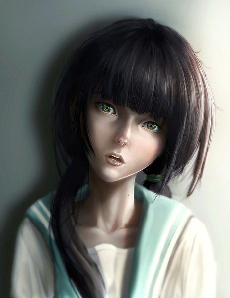 Anime picture 1275x1650 with relife hishiro chizuru manip21 single long hair tall image looking at viewer fringe open mouth black hair simple background twintails green eyes blunt bangs head tilt realistic mole low twintails girl uniform