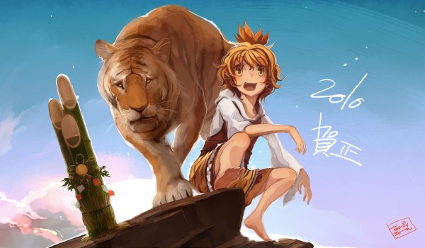 Anime picture 1200x700 with touhou toramaru shou shimadoriru single short hair open mouth blonde hair wide image sitting yellow eyes sky barefoot hair flower new year 2010 girl hair ornament plant (plants) shorts bamboo