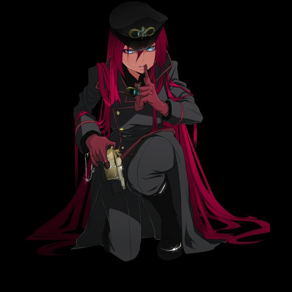 Anime picture 1400x1400 with vocaloid megurine luka revolmxd single blush blue eyes sitting pink hair very long hair finger to mouth black background girl gloves uniform weapon gun military uniform peaked cap pistol