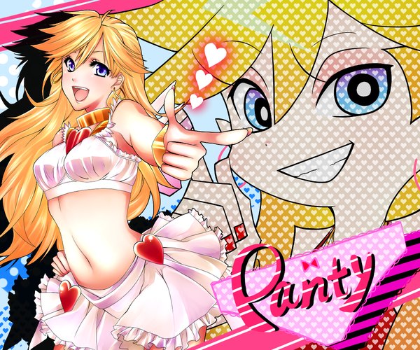 Anime picture 1200x1000 with panty & stocking with garterbelt anarchy panty maya (many pictures) single long hair open mouth blonde hair purple eyes girl skirt miniskirt earrings heart skirt set