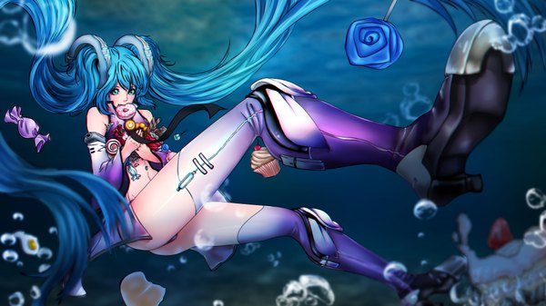 Anime-Bild 1920x1080 mit vocaloid hatsune miku katrinep single blush highres blue eyes light erotic wide image twintails blue hair very long hair high heels underwater girl detached sleeves food shoes sweets candy