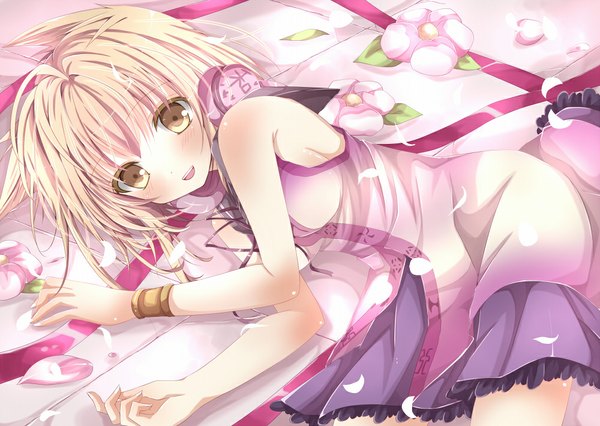 Anime picture 1000x710 with touhou toyosatomimi no miko nanase nao looking at viewer blush short hair open mouth blonde hair animal ears yellow eyes girl dress flower (flowers) petals headphones
