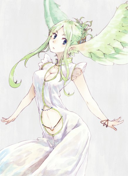 Anime picture 748x1029 with original hrd single long hair tall image blush blue eyes simple background looking away cleavage green hair grey background spread arms head wings dress navel hair ornament wings white dress hairclip