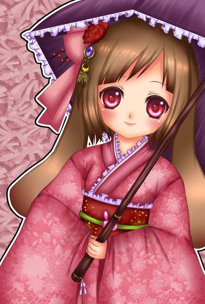 Anime picture 1581x2340 with original shitou single long hair tall image smile red eyes brown hair japanese clothes girl hair ornament kimono umbrella obi