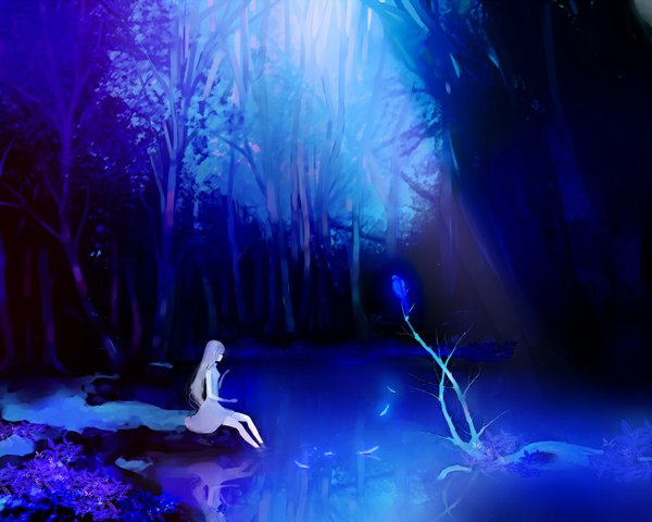 Anime picture 1000x800 with original suzu (kopumpukin 55) single long hair sitting grey hair night scenic girl dress plant (plants) animal tree (trees) water bird (birds) feather (feathers) forest