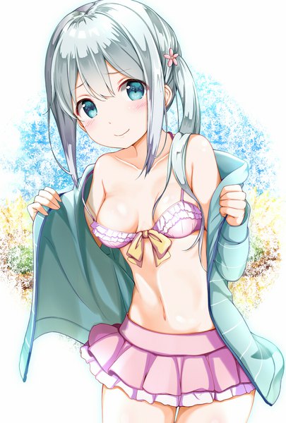 Anime picture 800x1184 with eromanga sensei a-1 pictures izumi sagiri na53 single long hair tall image looking at viewer blush fringe breasts blue eyes light erotic simple background hair between eyes standing white background bare shoulders holding payot